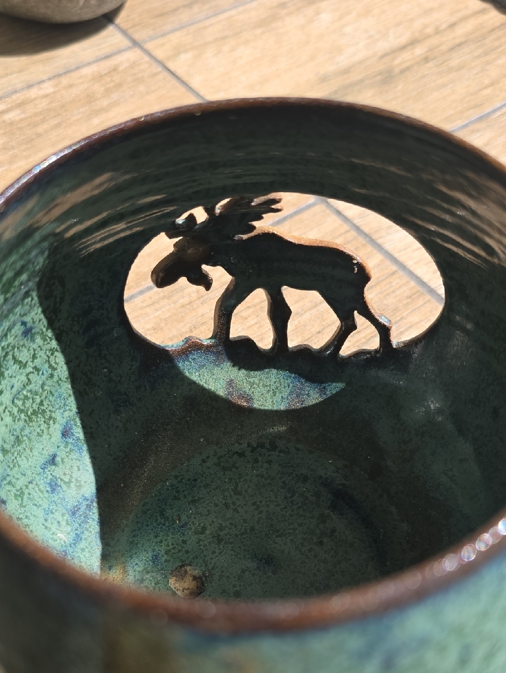 Rustic Green Handmade Glazed Ceramic Votive with Moose Cutout - Picture 6 of 16